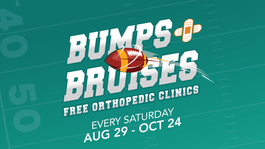 Promotional banner for free orthopedic clinics with a football graphic and bold white text on teal background, dates Aug 29–Oct 24.