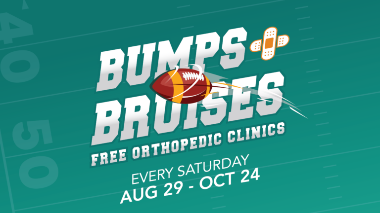 Promotional banner for free orthopedic clinics with a football graphic and bold white text on teal background, dates Aug 29–Oct 24.