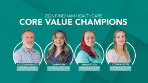 Banner announcing 2026 Core Value Champions with four staff portraits in circular frames and value labels: Accountability, Teamwork, Innovation, Compassion (names & roles shown).