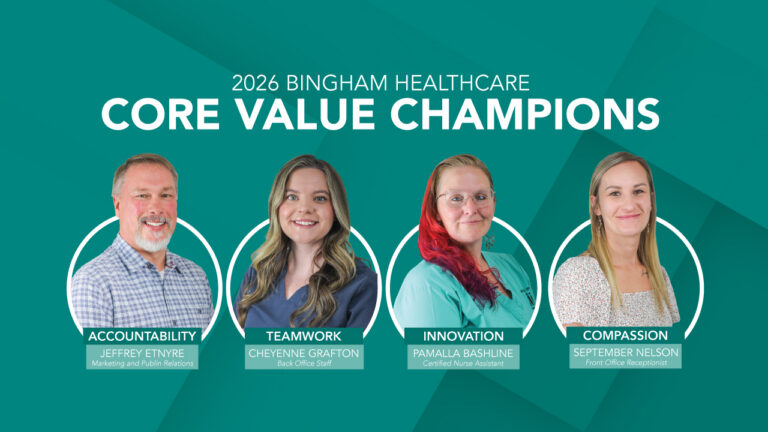 Banner announcing 2026 Core Value Champions with four staff portraits in circular frames and value labels: Accountability, Teamwork, Innovation, Compassion (names & roles shown).
